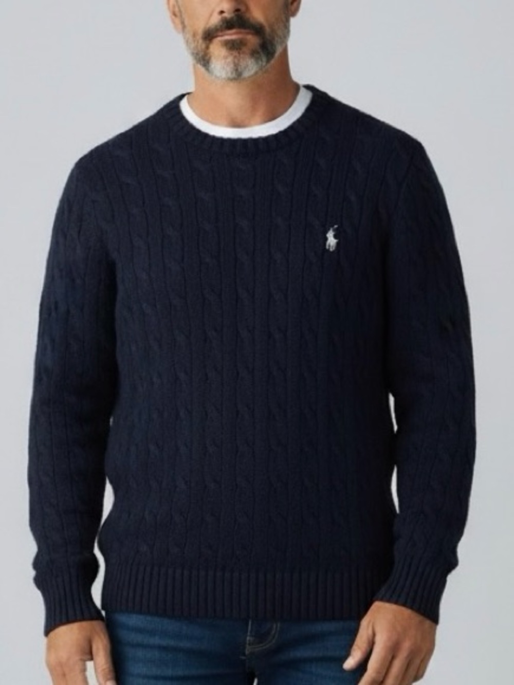 Ralph Lauren Blue Label  Navy Cable-Knit Crewneck with White Logo